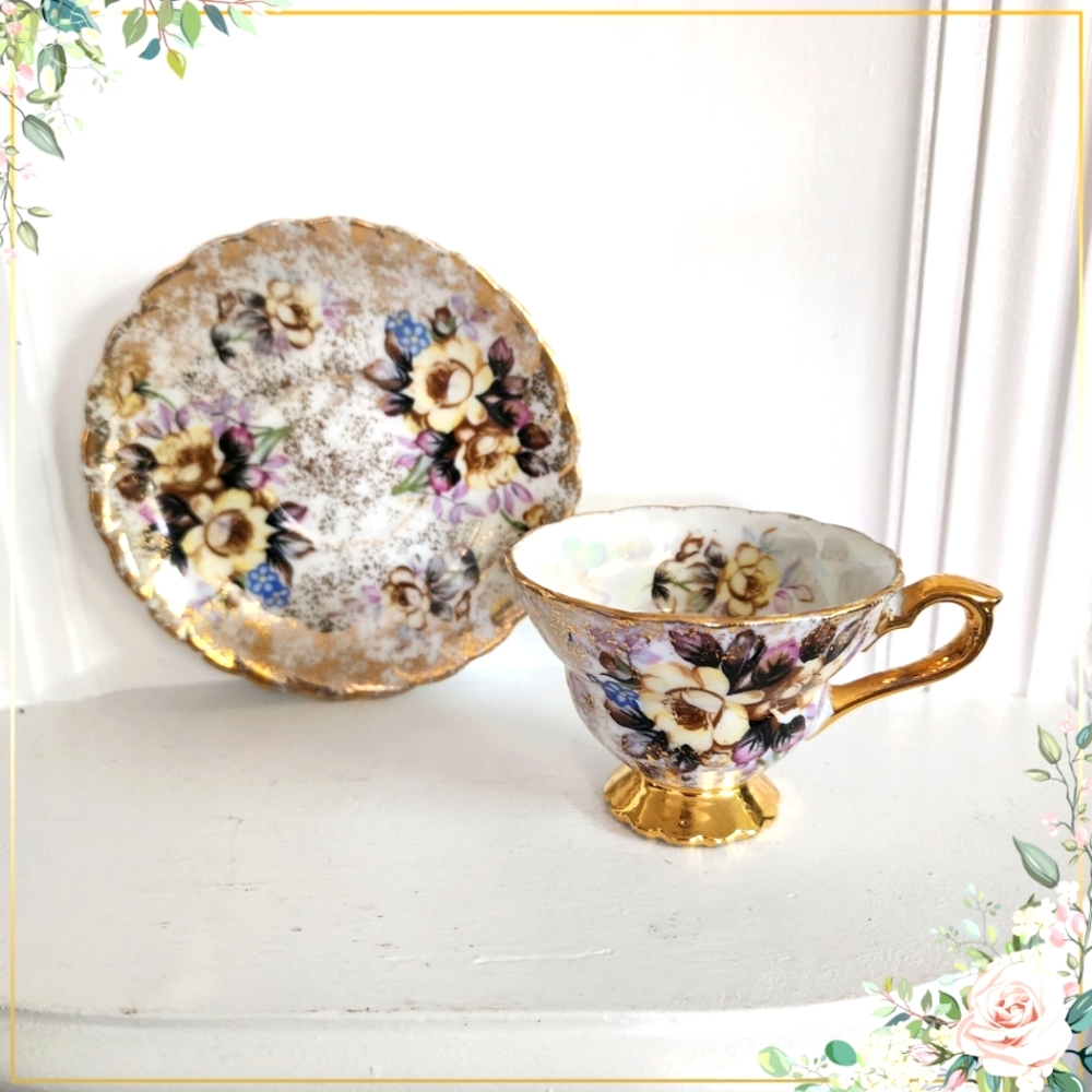 Hand paint Vintage Yellow Floral Bouquet Lusterware Teacup & Saucer Japan
